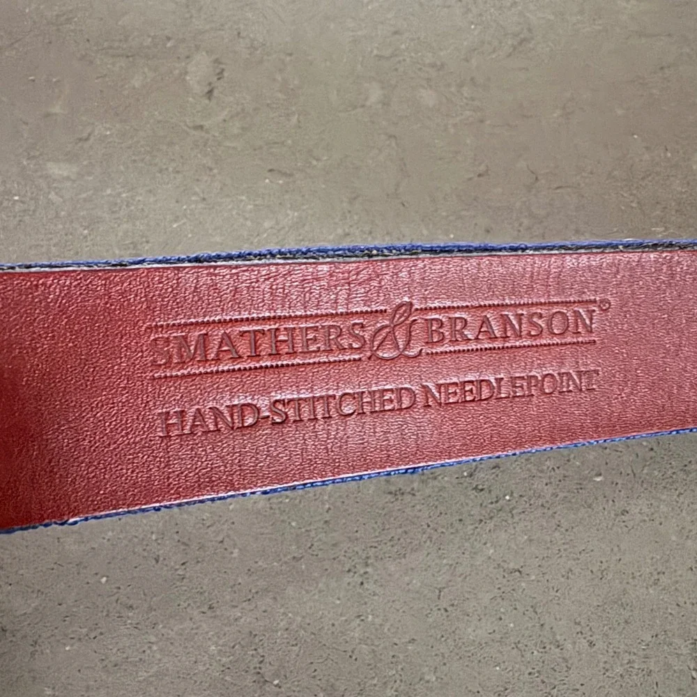 Smathers & Branson Men Needlepoint Belt Chairlift Skiing Navy Leather Brass 42 - Picture 4 of 9
